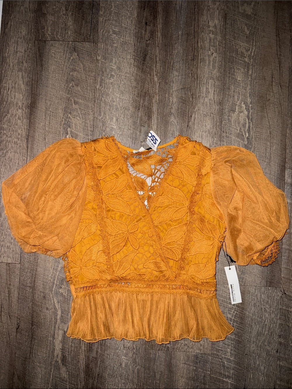 Haute Monde Orange Lace Puff-Sleeve V-Neck Blouse
